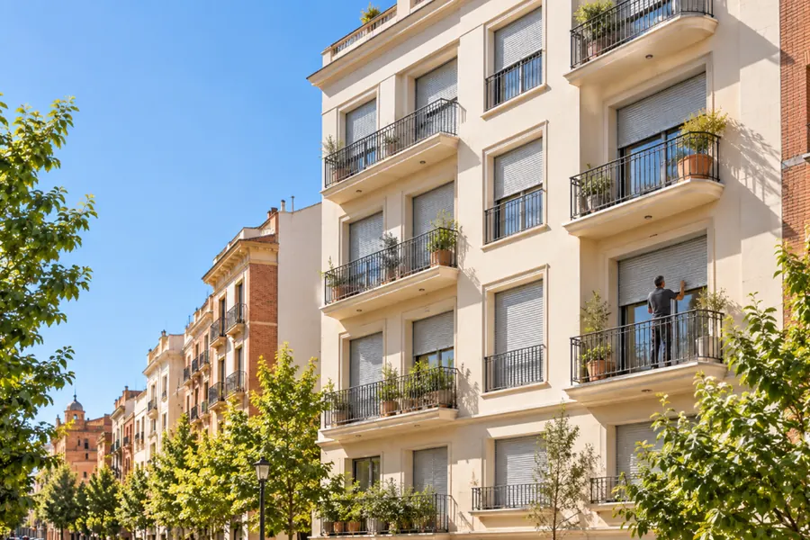 Fachada de un edificio de cinco plantas con persianas nuevas de aluminio gris claro alineadas