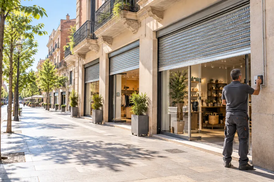 Calle comercial de Terrassa con persianas metálicas de locales subidas y un técnico junto a la caja de mando