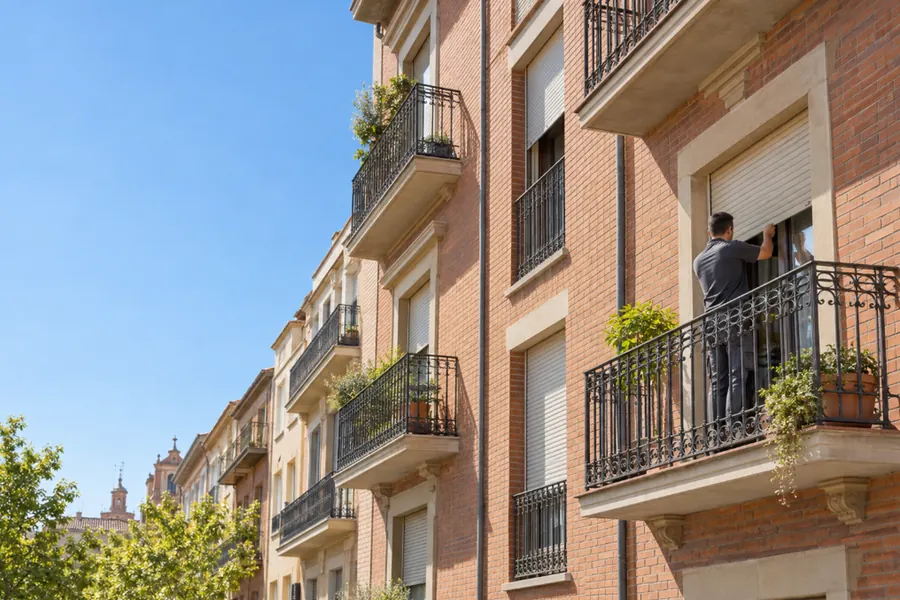 Técnico ajustando una persiana enrollable desde el balcón de un edificio de ladrillo en Terrassa