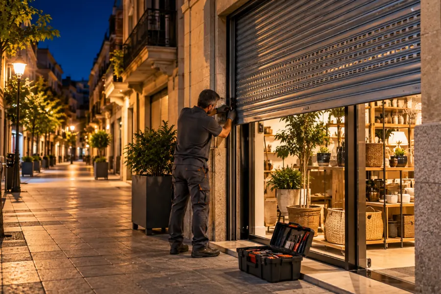 Técnico reparando de noche la persiana metálica de una tienda que se ha quedado a medio bajar