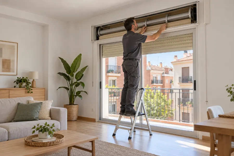 Técnico revisando el cajón abierto de una persiana desde una escalera