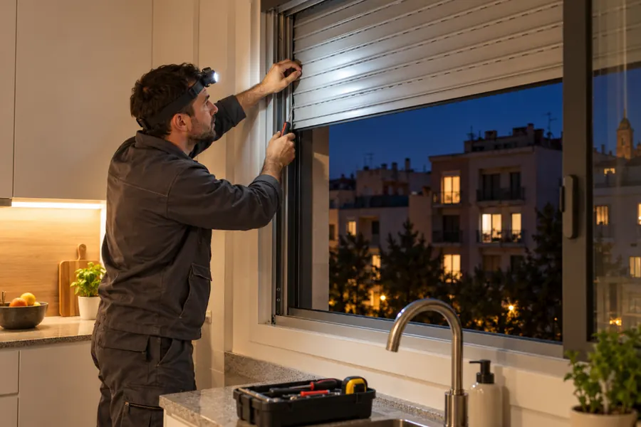Técnico con linterna frontal desbloqueando de noche la persiana de una cocina